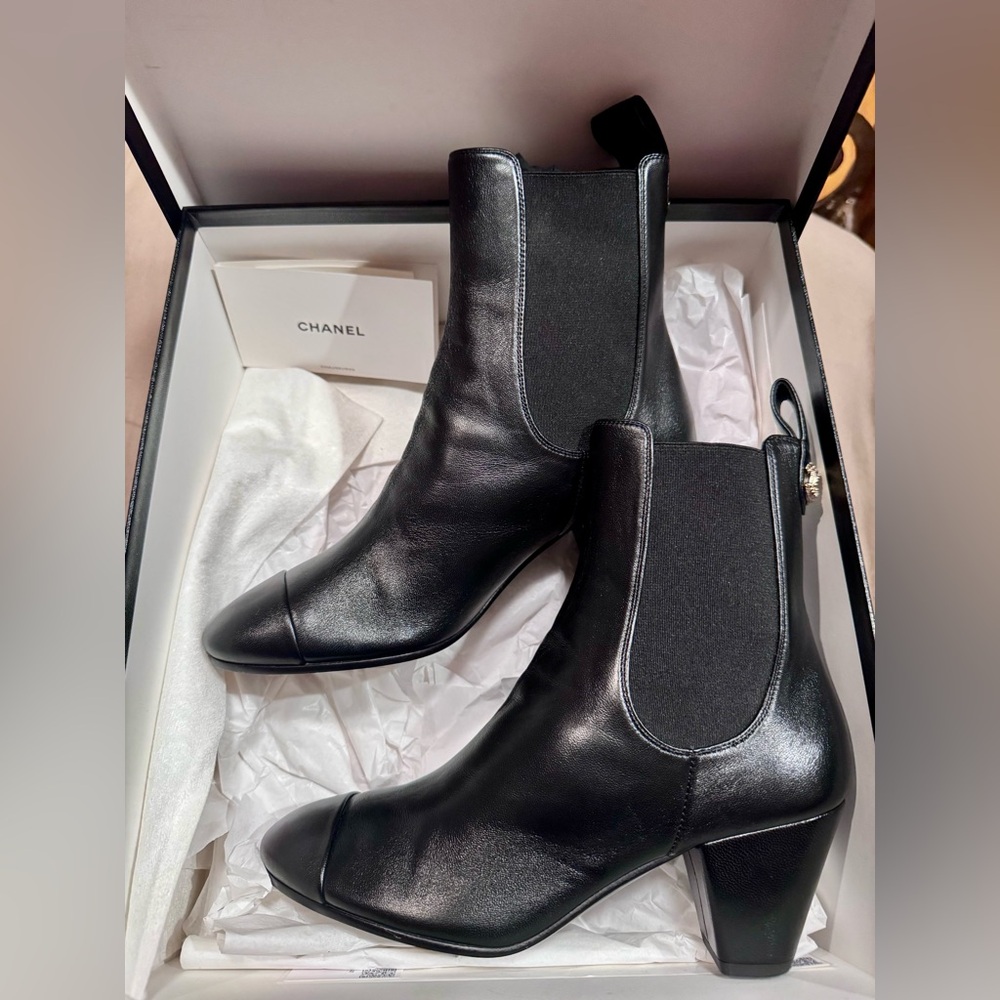 CHANEL Black Ankle Boots with Gold Interlocking CC